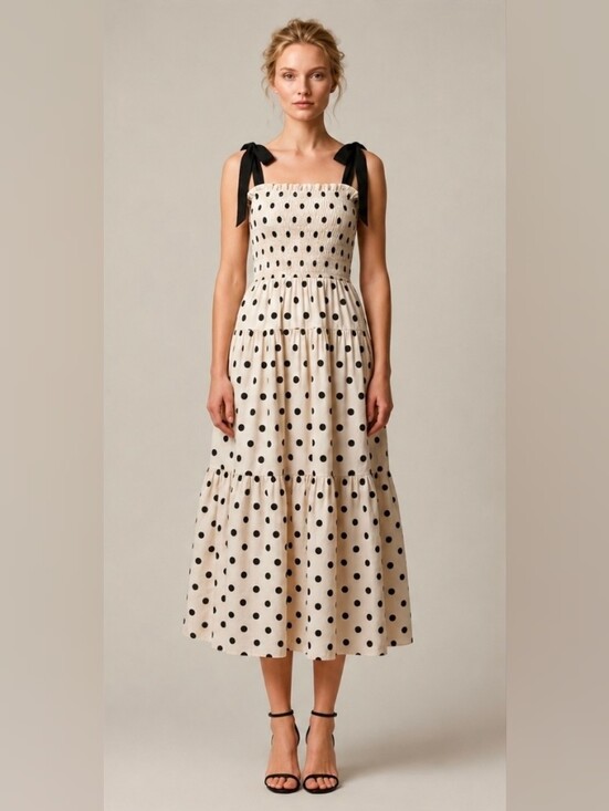 En Saison Dresses & Skirts - En Saison Polka Dot Smocked Tiered Maxi Dress Black Tulle Tie Shoulder Size S